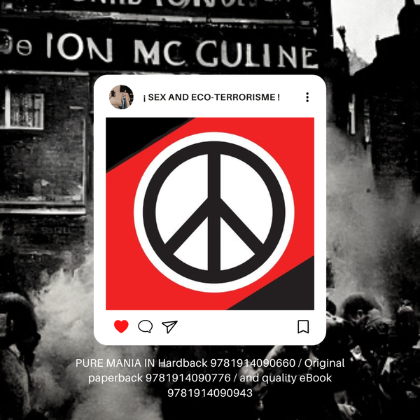 peace symbol in anarchist colours announcing Pure Mania by Stewart Home