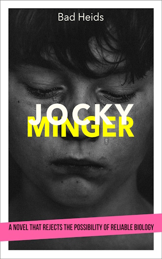 JOCKY minger BOOK the cover shows text describing the AI generated book JOCKY MINGER with details of the prompts used to create it in white on a dark brown background with a gentl cyan and pink slash across the lower middle